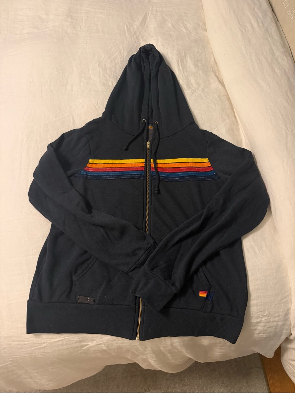 Aviator Nation Navy Zip Hoodie with Yellow, Red & Blue Stripes